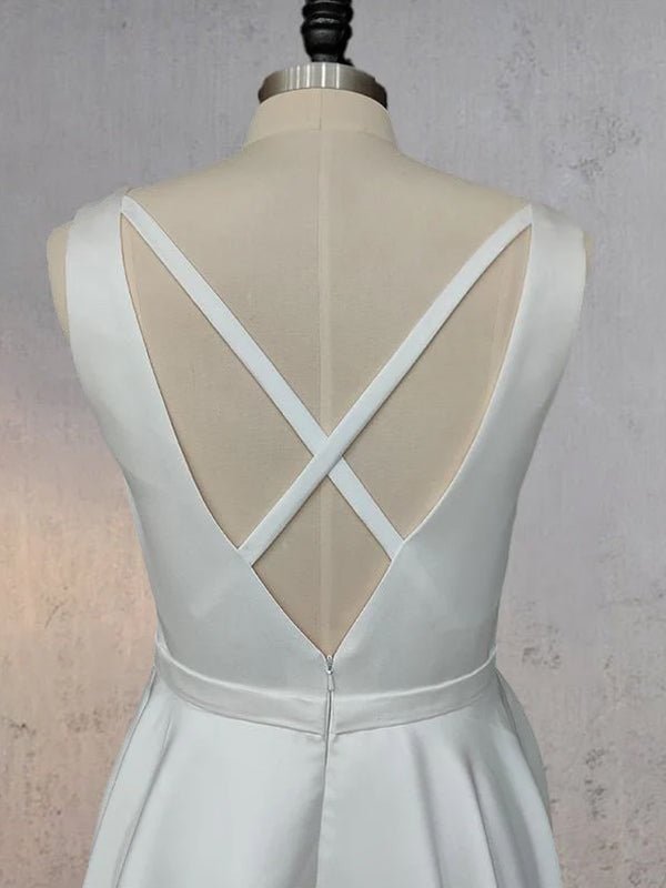 A-Line White Satin Elegant V Neck Wedding Dress