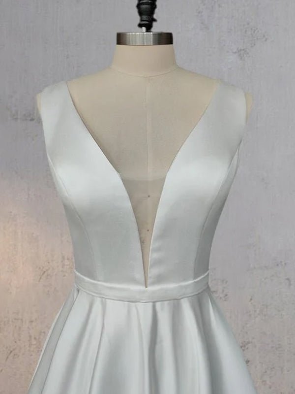 A-Line White Satin Elegant V Neck Wedding Dress