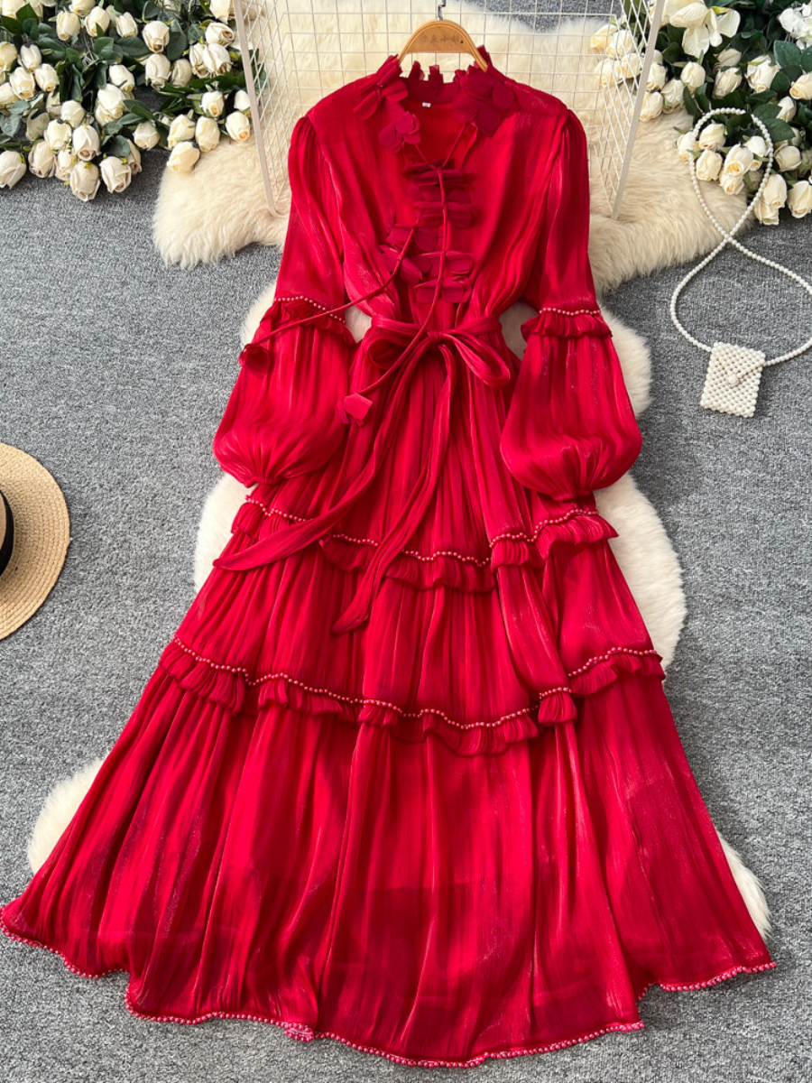 French Vintage Ruffled Pearl Embellished Long Dress
