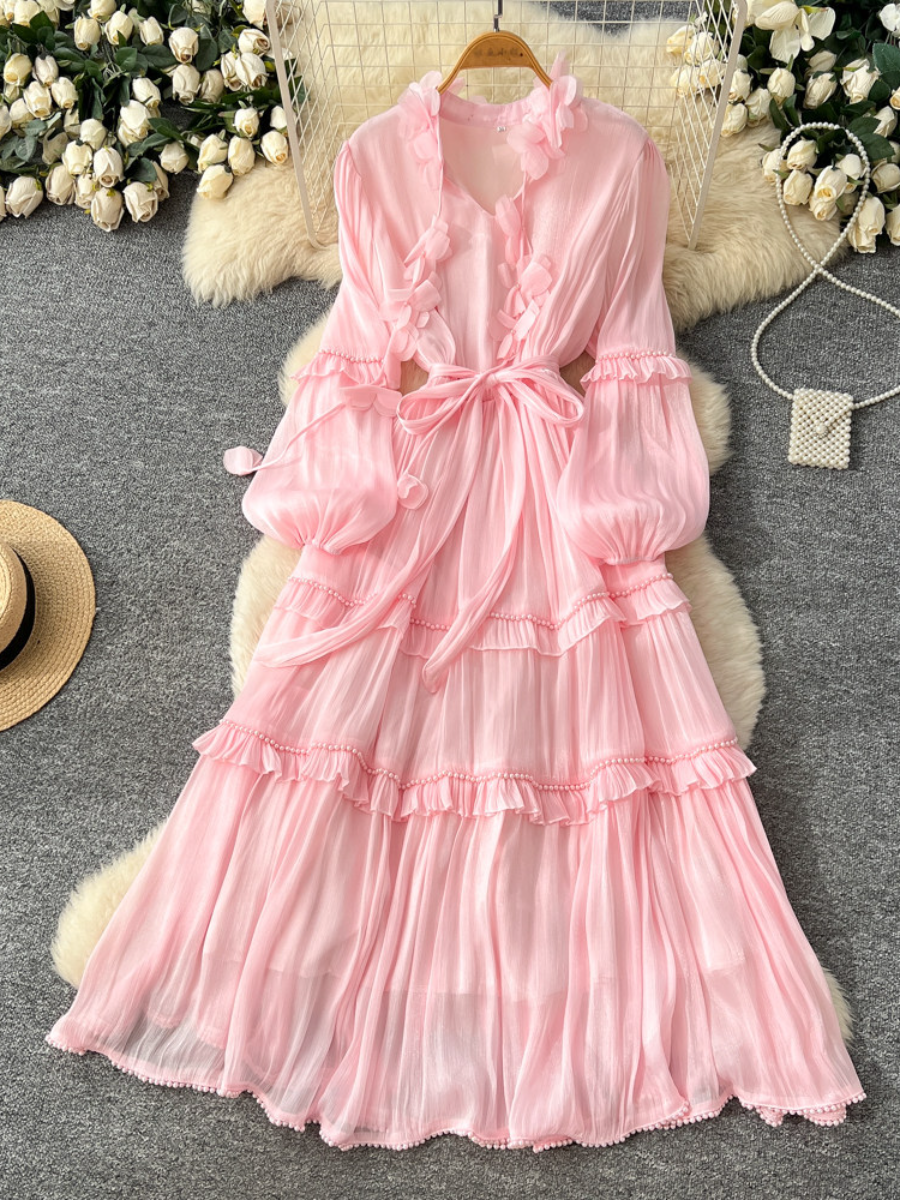 French Vintage Ruffled Pearl Embellished Long Dress