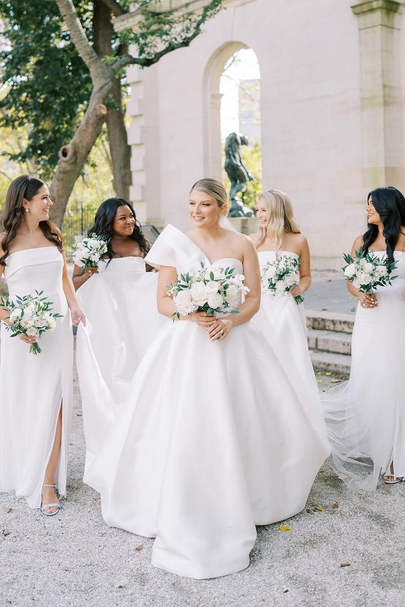 Elegant A-Line One Shoulder White Satin Wedding Dresses