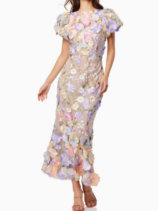 Elegant Embroidered Flower Puff Sleeve Dress