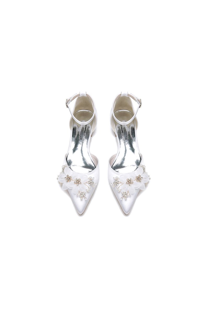 Ankle Strap Pointed Toe Low Heels with Rhinestone Flower