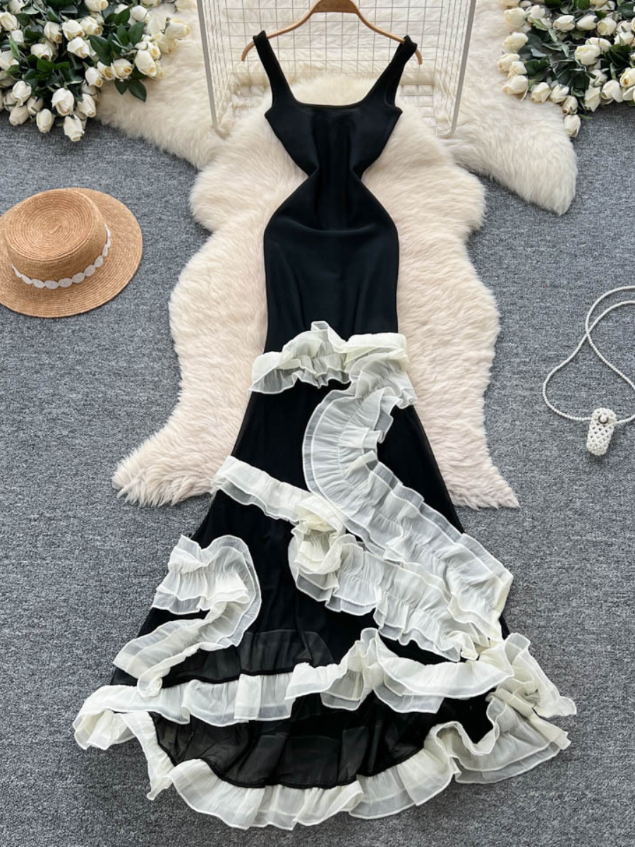 Irregular Ruffled Stitching Strap Mesh Dress
