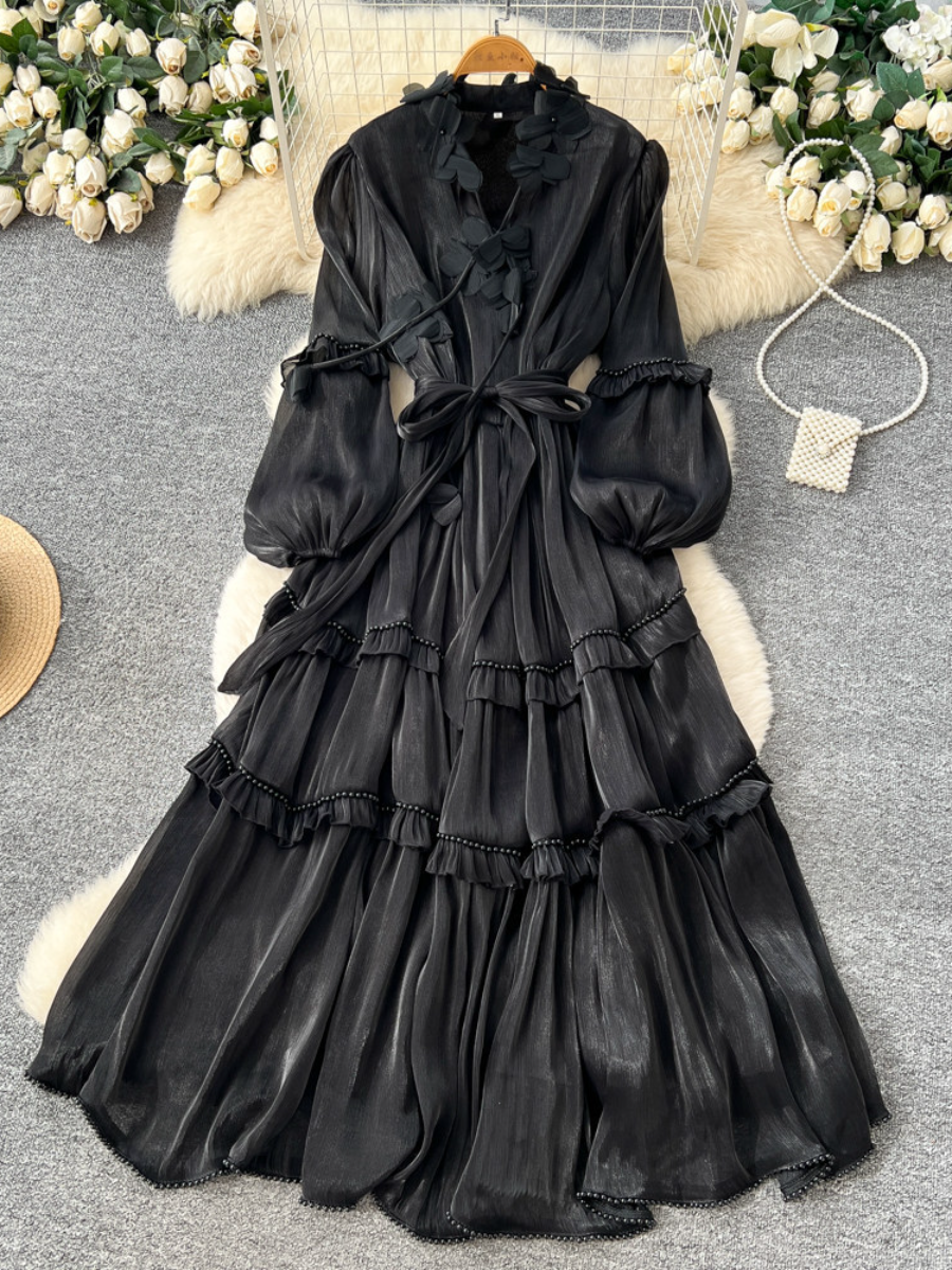 French Vintage Ruffled Pearl Embellished Long Dress