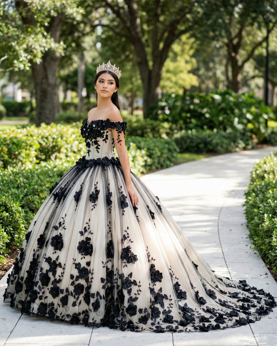 Black Off the Shoulder Quinceanera Dresses With 3D Flowers