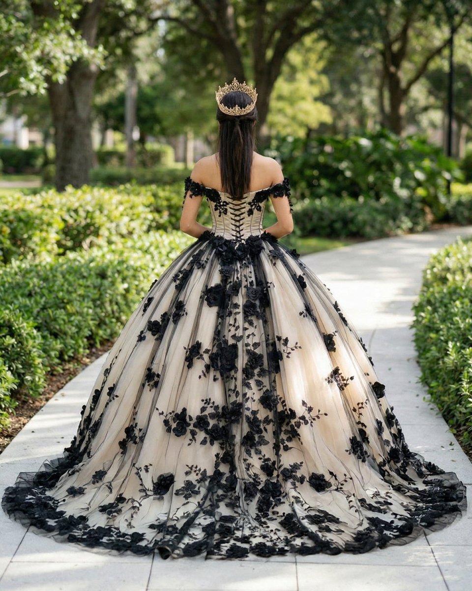 Black Off the Shoulder Quinceanera Dresses With 3D Flowers