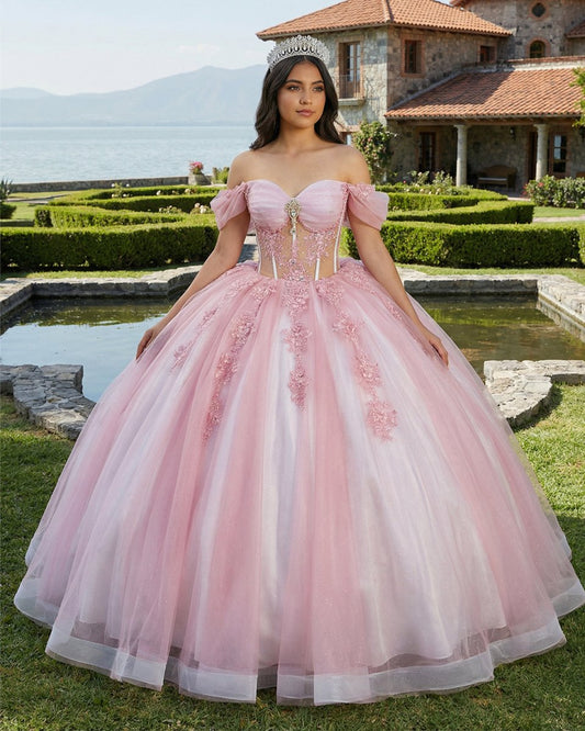Ball-Gown Pink Off-the-Shoulder Quinceanera Dresses