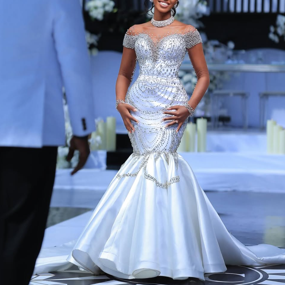 White Rhinestone Satin Mermaid Wedding Dress with Train