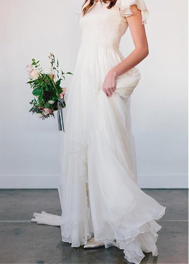 Beach Chiffon A-Line Simple White Wedding Dress with Short Sleeves