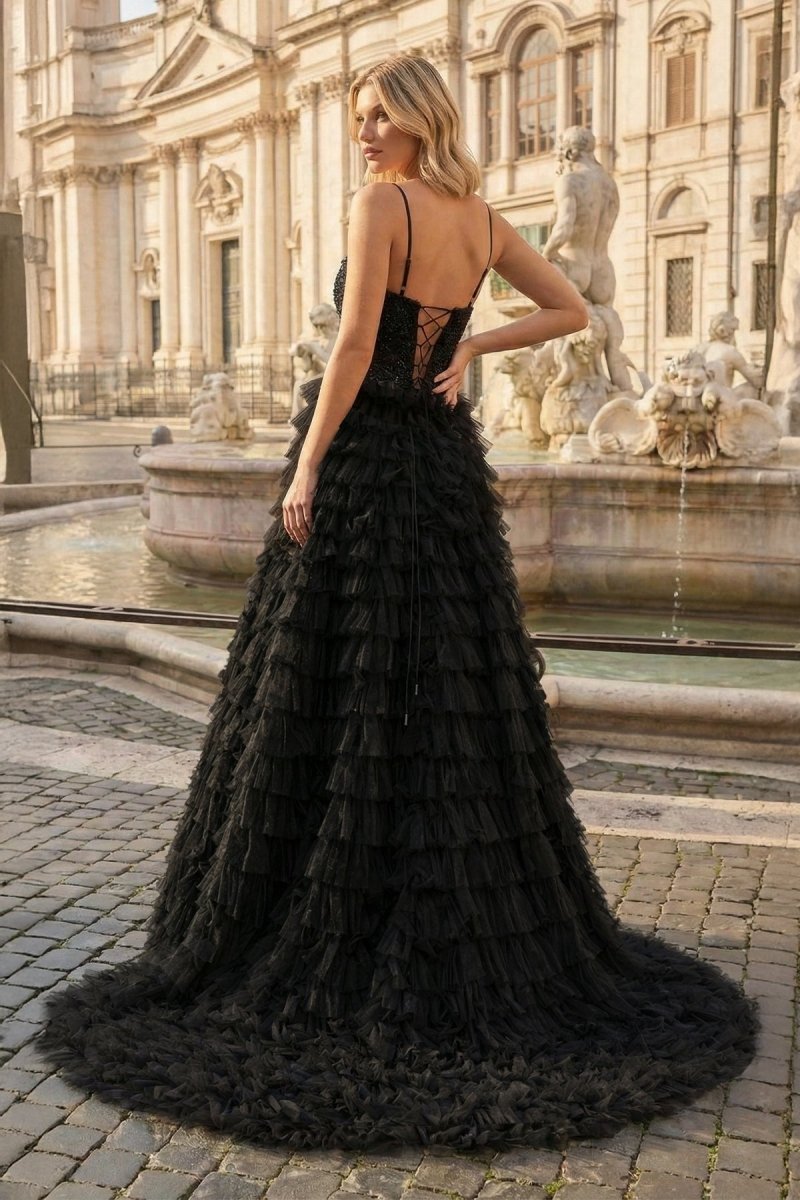 A-Line Tiered Sequins Tulle Long Prom Dress