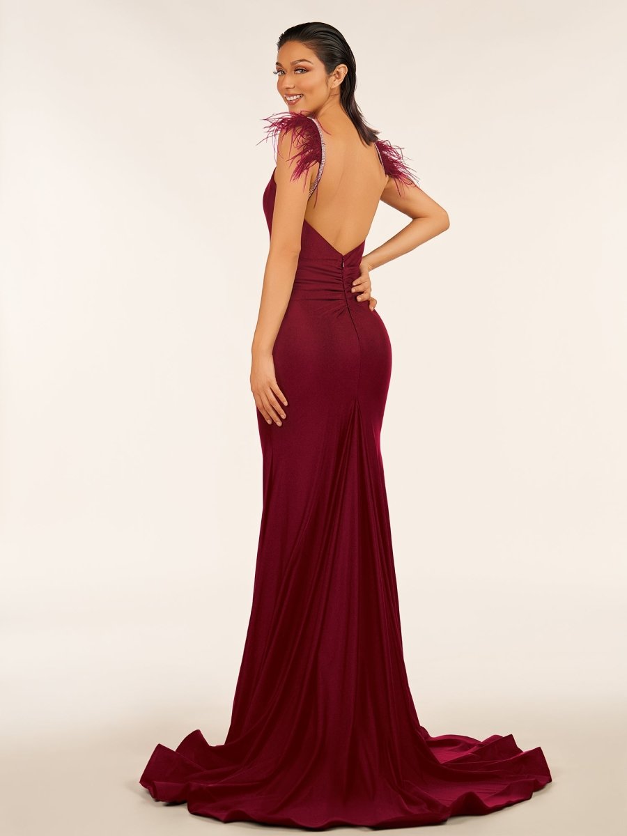 Mermaid Backless Jersey Prom Dress with Feathers
