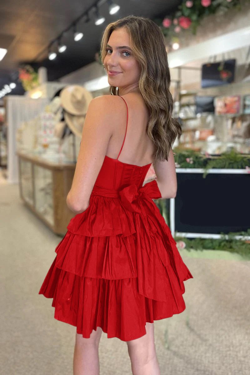 Black Spaghetti Straps Satin A-Line Ruffled Short Corset Homecoming Dress with Bow