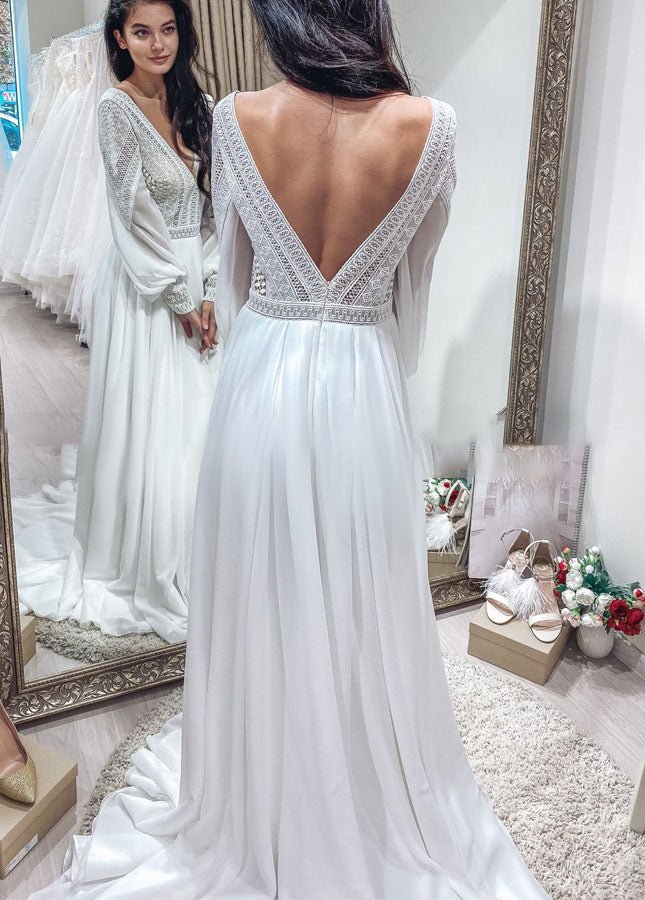 Bohemian Chiffon Backless A-Line Lace Long Sleeves Backless Wedding Dresses