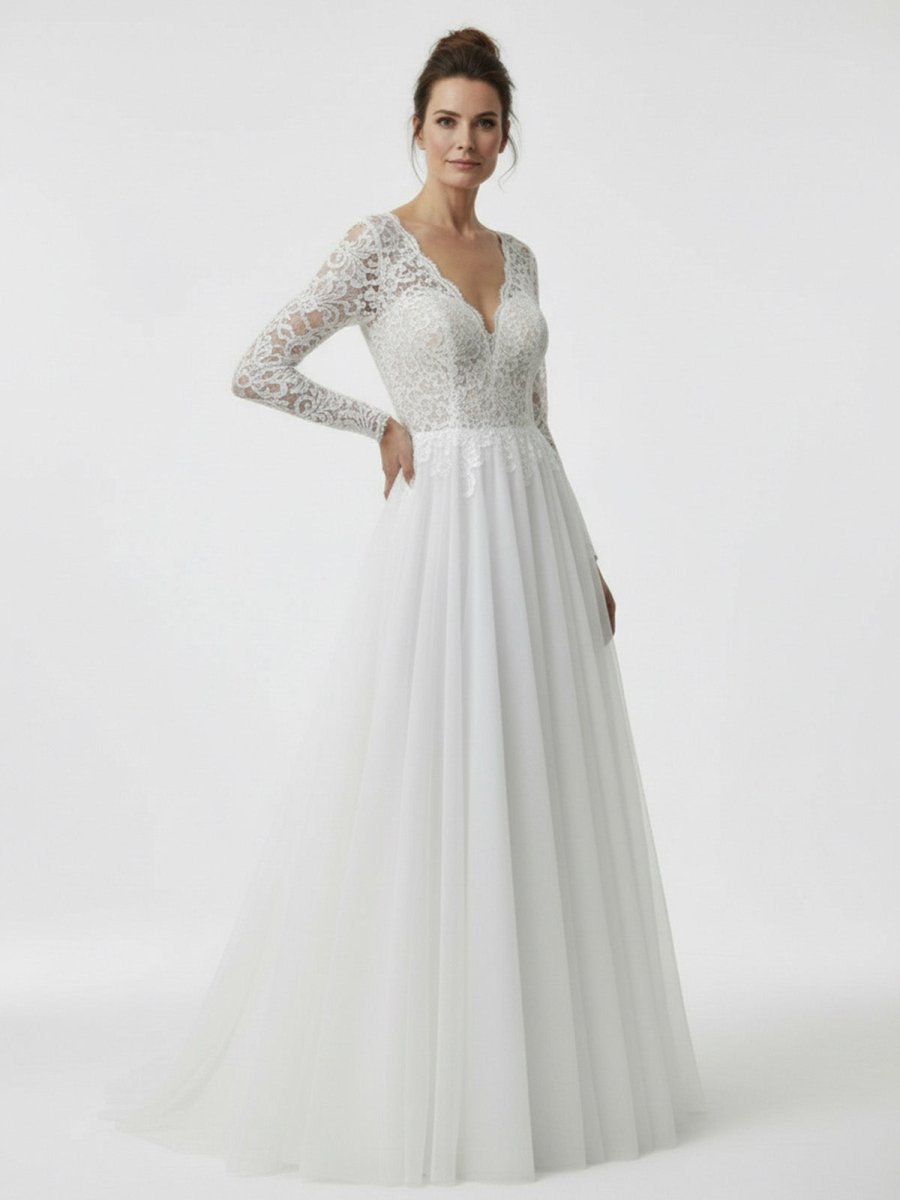 Bohemian Long Sleeves Lace Button Back A Line Modest Wedding Dresses