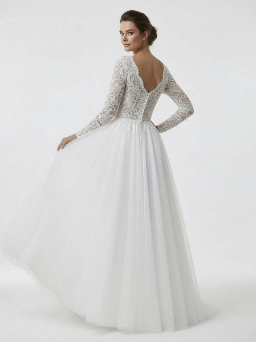 Bohemian Long Sleeves Lace Button Back A Line Modest Wedding Dresses