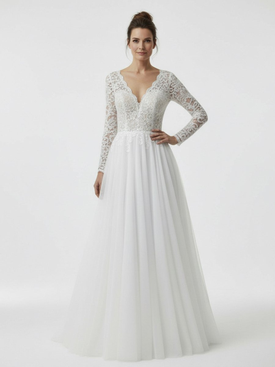Bohemian Long Sleeves Lace Button Back A Line Modest Wedding Dresses