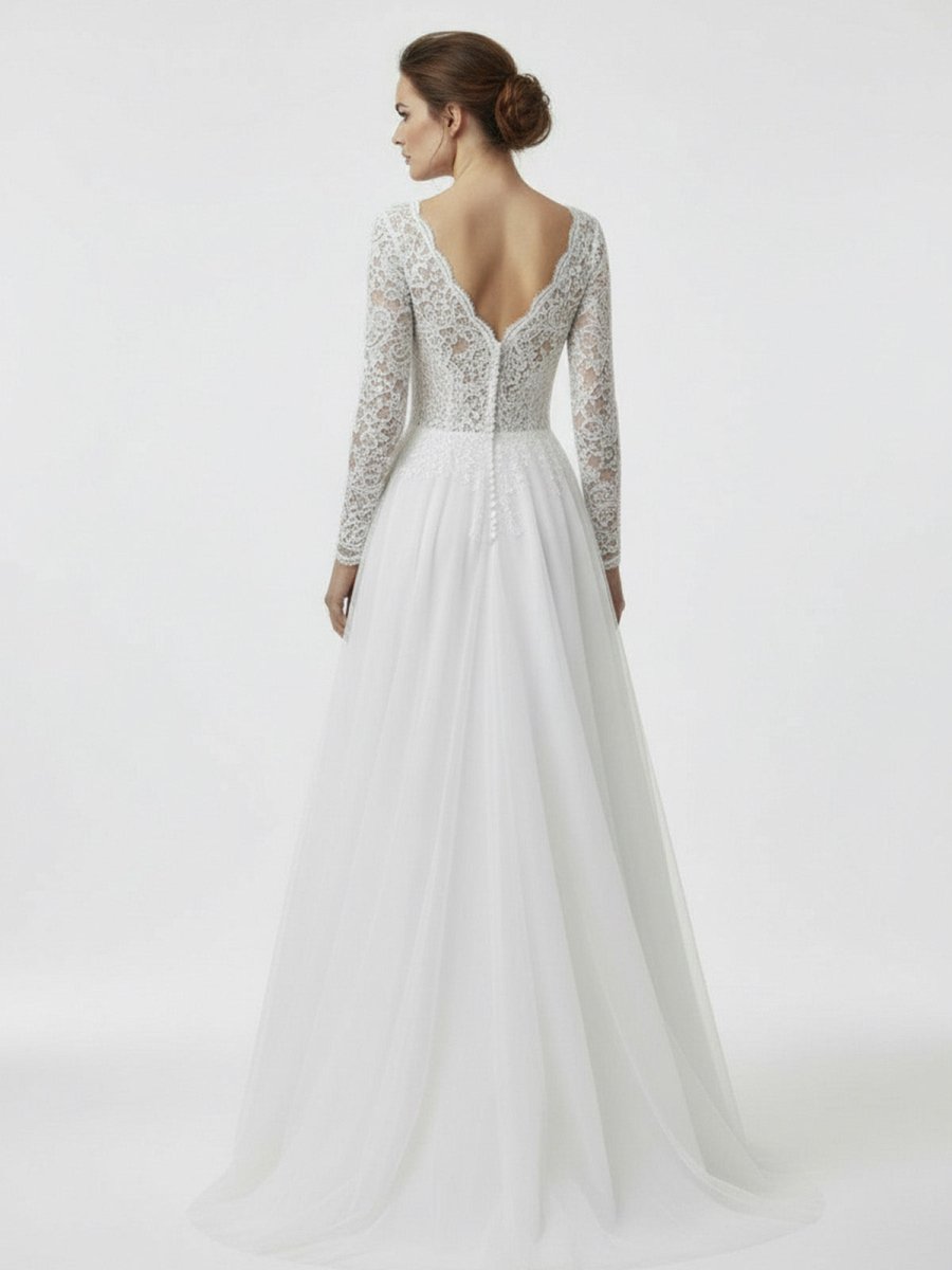 Bohemian Long Sleeves Lace Button Back A Line Modest Wedding Dresses