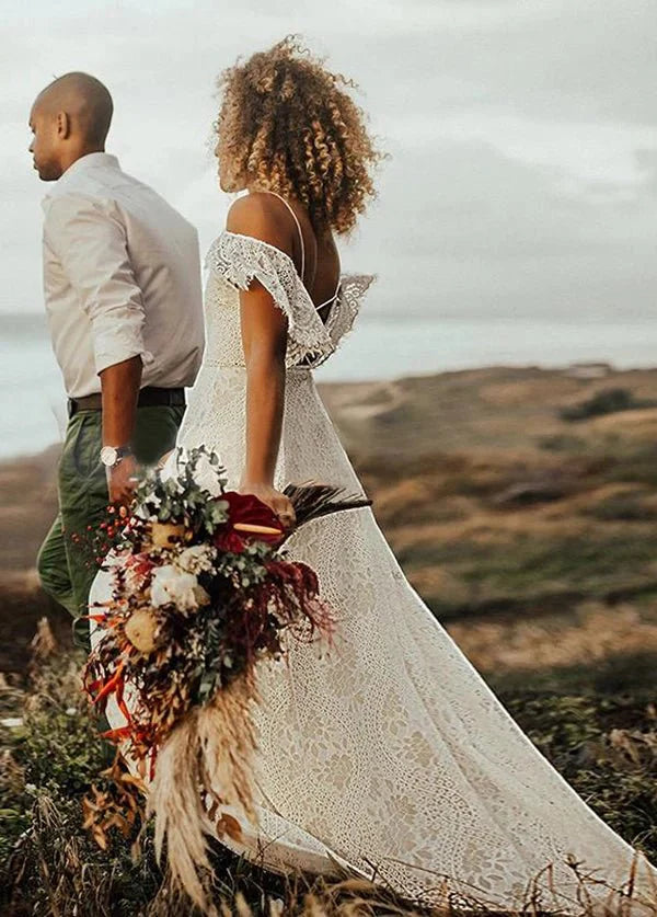 Boho Spaghetti Straps Sleeveless A Line Lace Wedding Dresses
