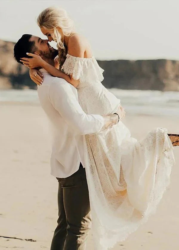 Boho Spaghetti Straps Sleeveless A Line Lace Wedding Dresses