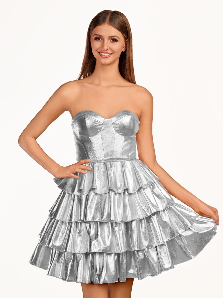 A-Line Sweetheart Gold Metallic Ruffle Homecoming Dress
