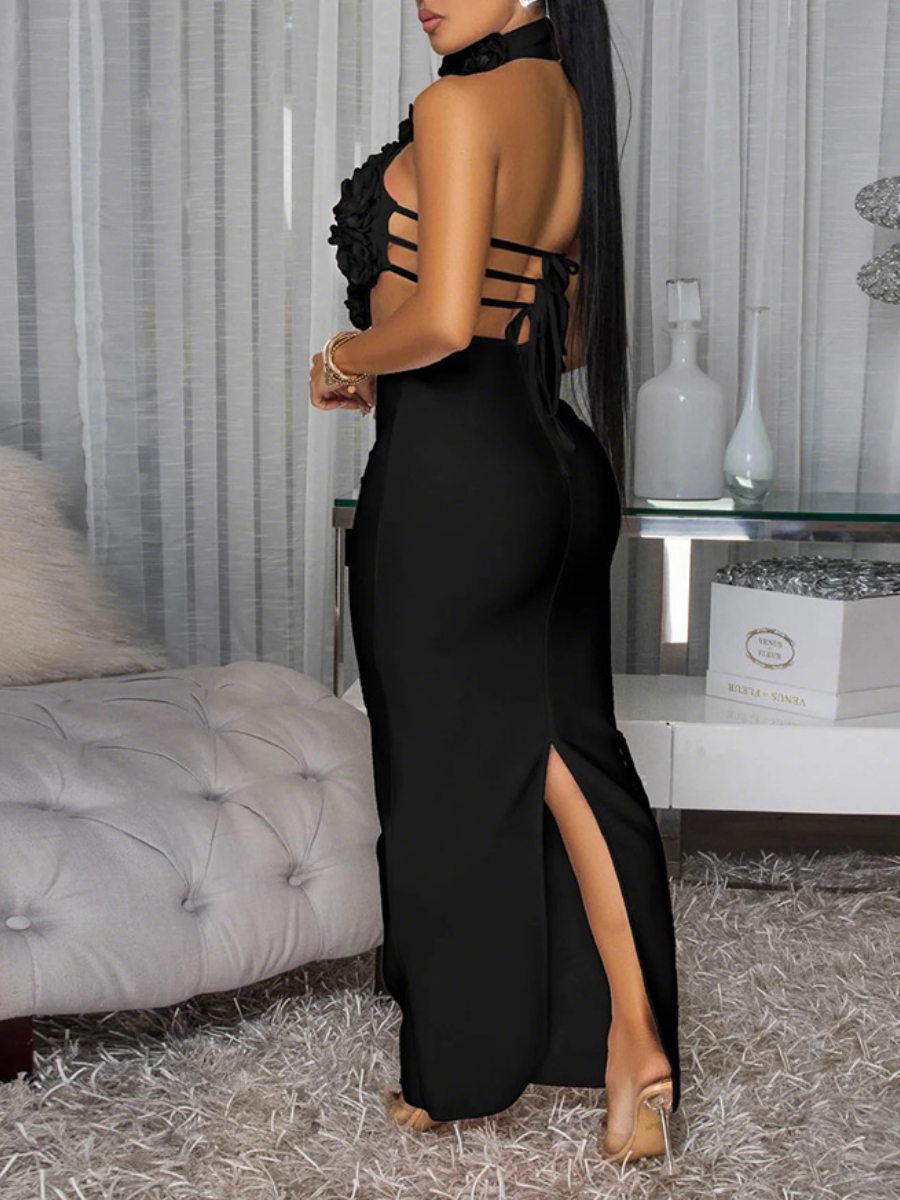 Sexy Neck Big Flower Evening Dress