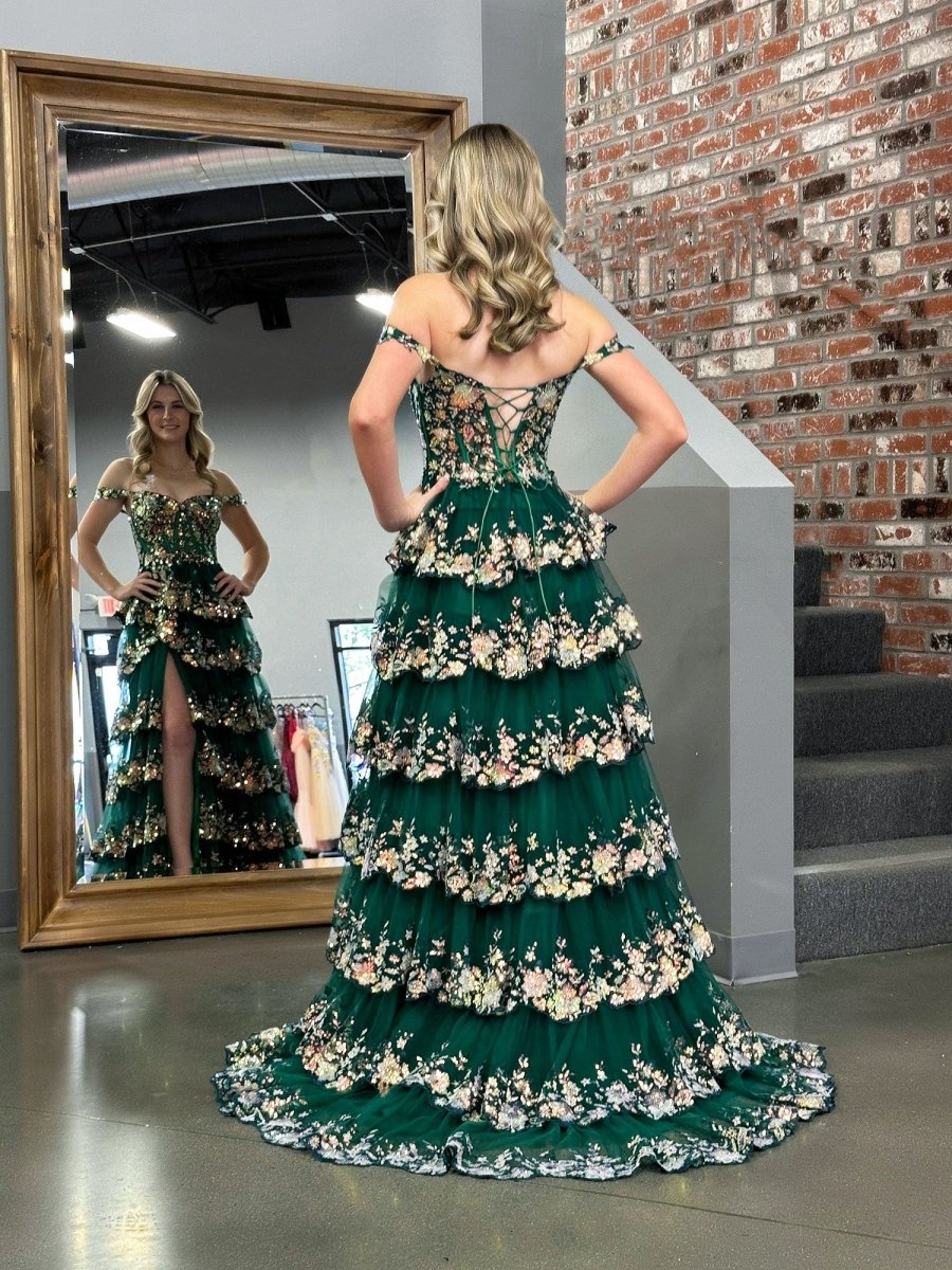 Green Crystal Sequins Princess A Line Off the Shoulder Prom Dress with Lace Ruffles