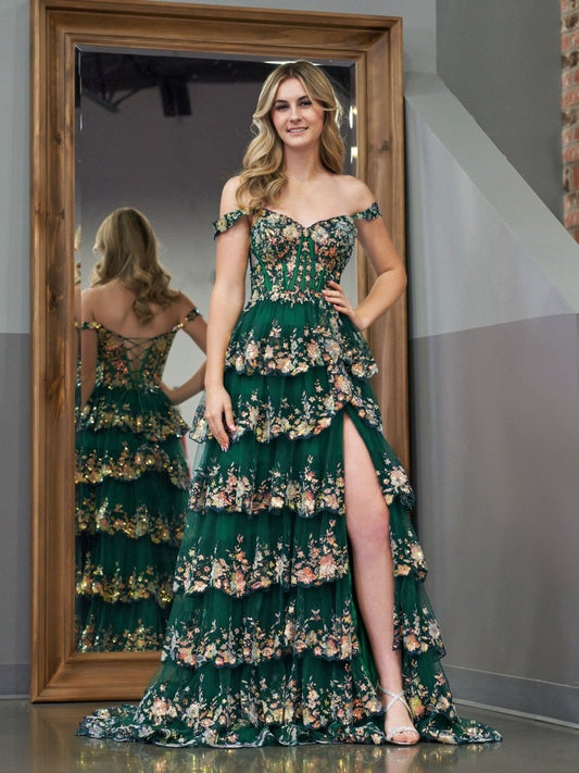Green Crystal Sequins Princess A Line Off the Shoulder Prom Dress with Lace Ruffles