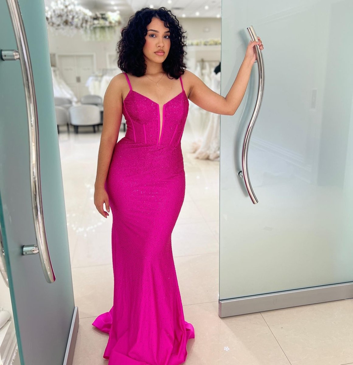 Mermaid Spaghetti Straps Beaded Satin Long Prom Dress