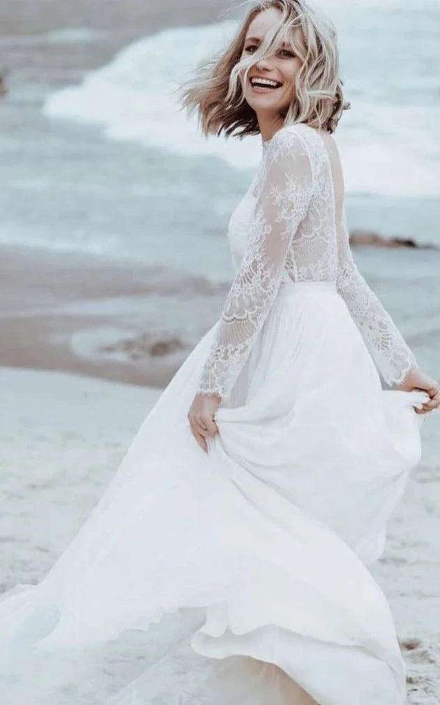 Casual Lace Bateau A Line Tulle Floor-length Wedding Dress with Split Front and Pleats