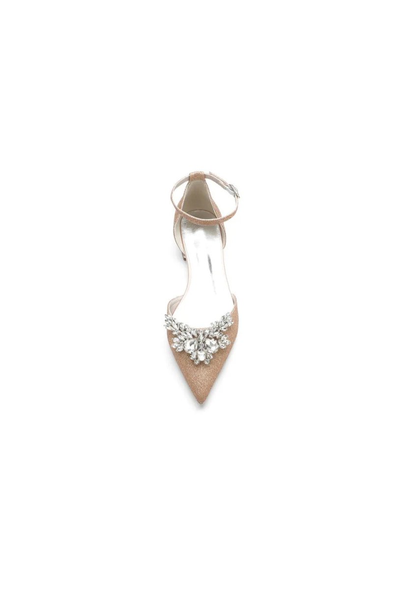 Casual Pointed Toe Ankle Strap Low Heels with Rhinestone