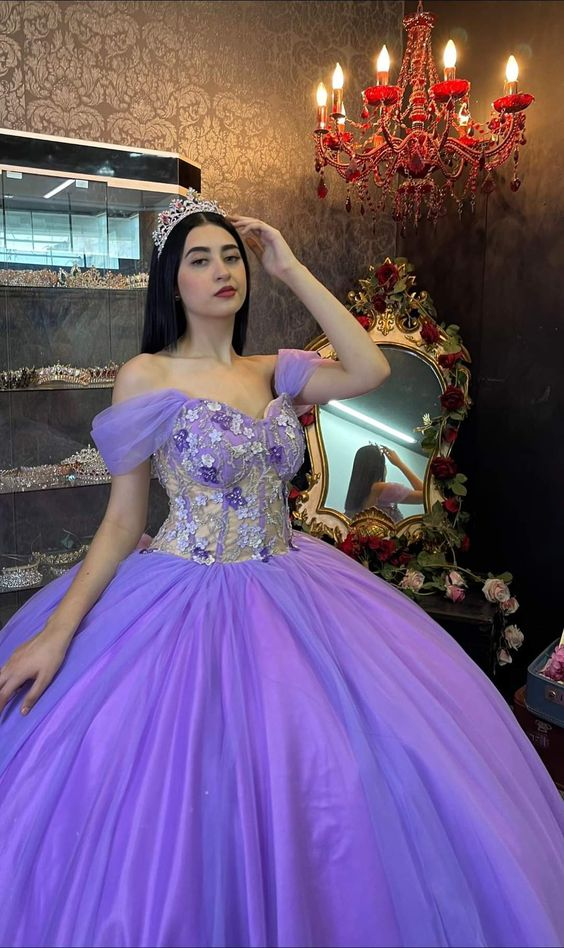 Ball Gown Organza Off-the-Shoulder  Purple Quinceanera Dress