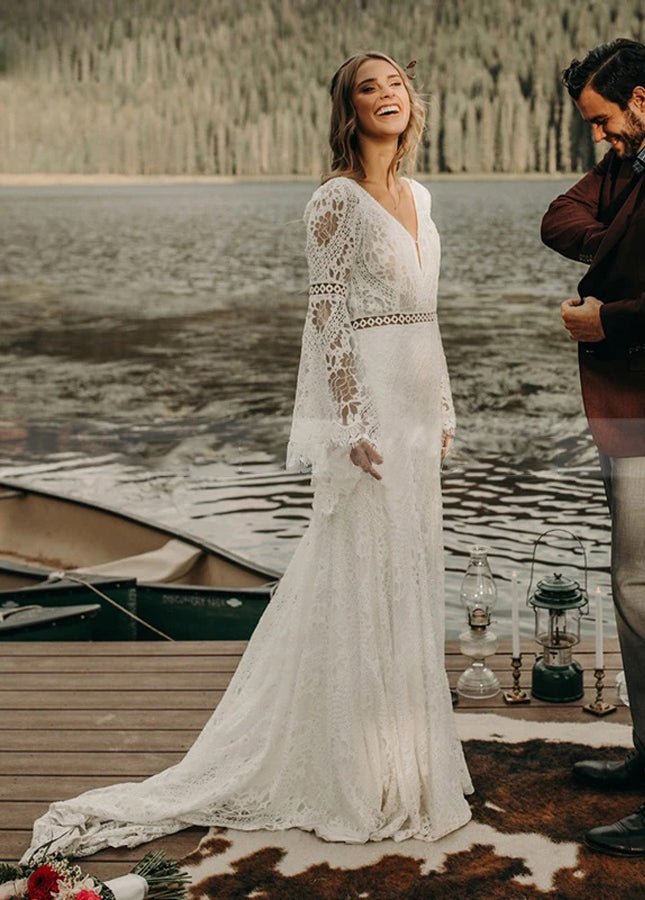 Classical Fairy Long sleeve Lace Mermaid Backless Chic Bridal Gowns