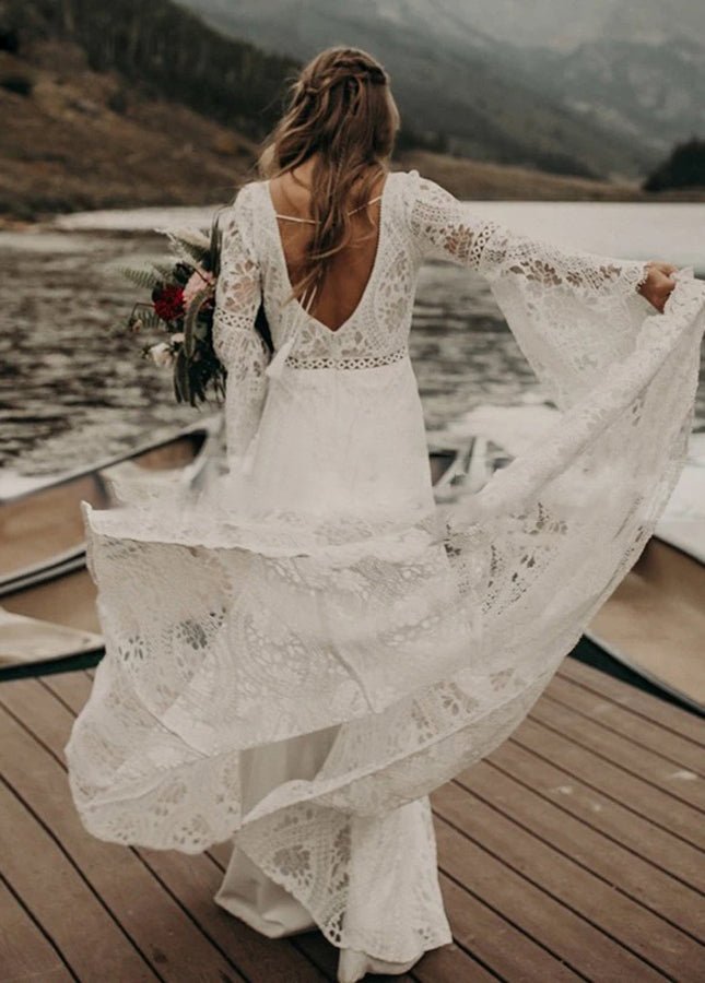 Classical Fairy Long sleeve Lace Mermaid Backless Chic Bridal Gowns