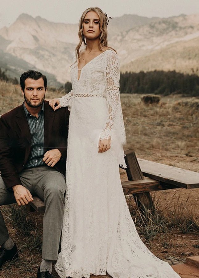 Classical Fairy Long sleeve Lace Mermaid Backless Chic Bridal Gowns