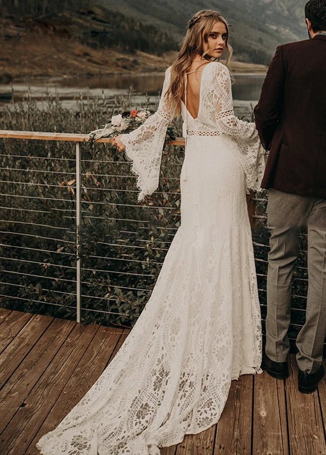 Classical Fairy Long sleeve Lace Mermaid Backless Chic Bridal Gowns