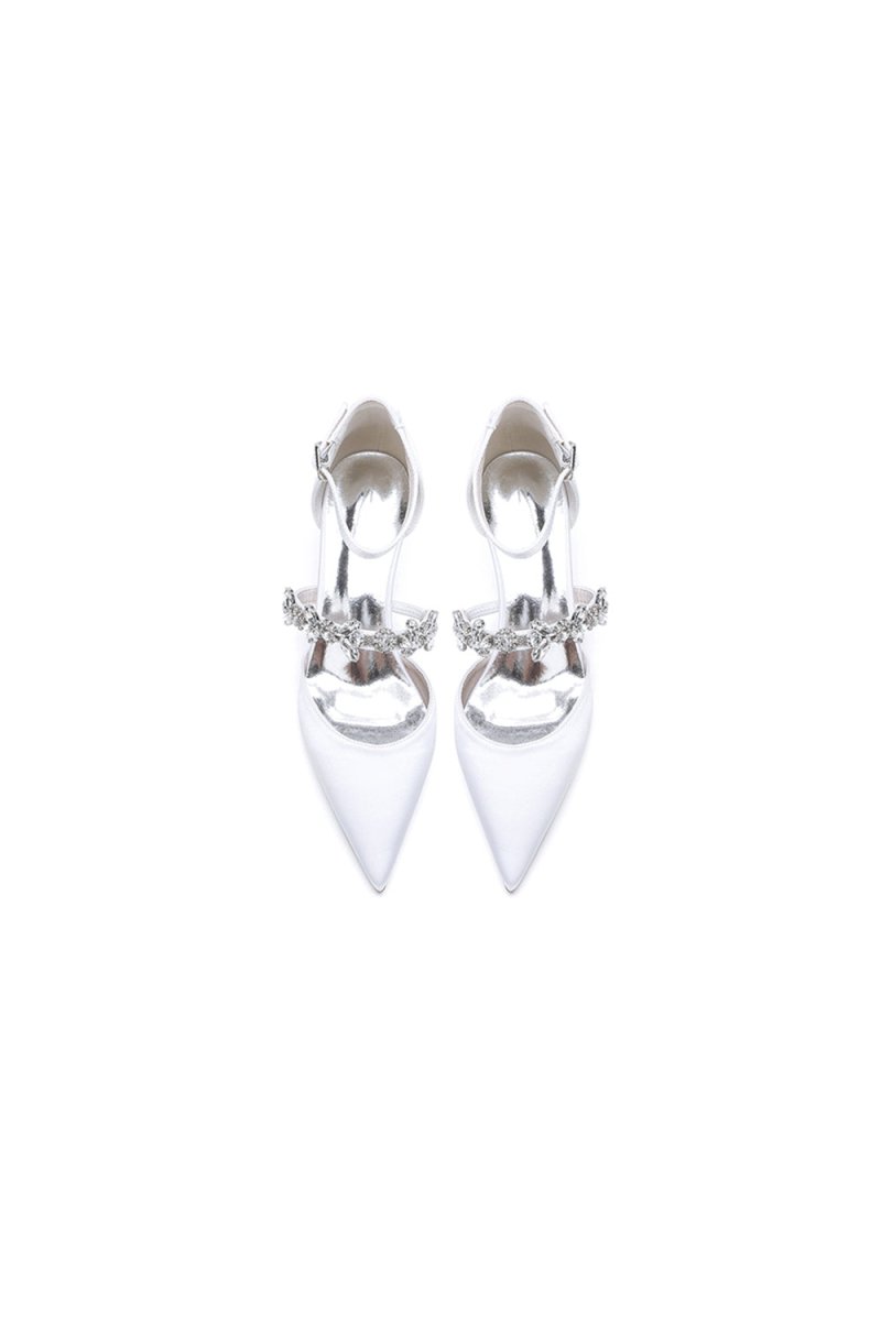 Crystal Strap Pointed Toe Satin Kitten Heels