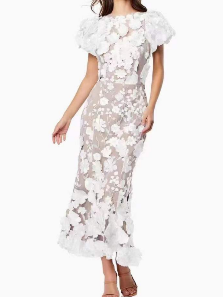 Elegant Embroidered Flower Puff Sleeve Dress