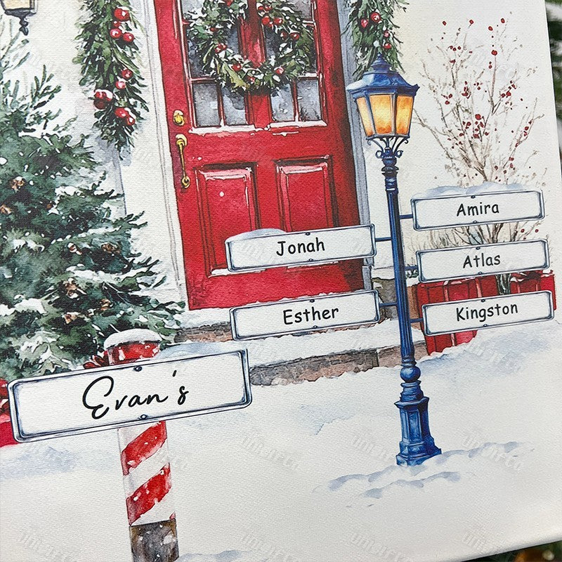 Custom Christmas Door Print Family Name Wall Art Winter Watercolor Canvas