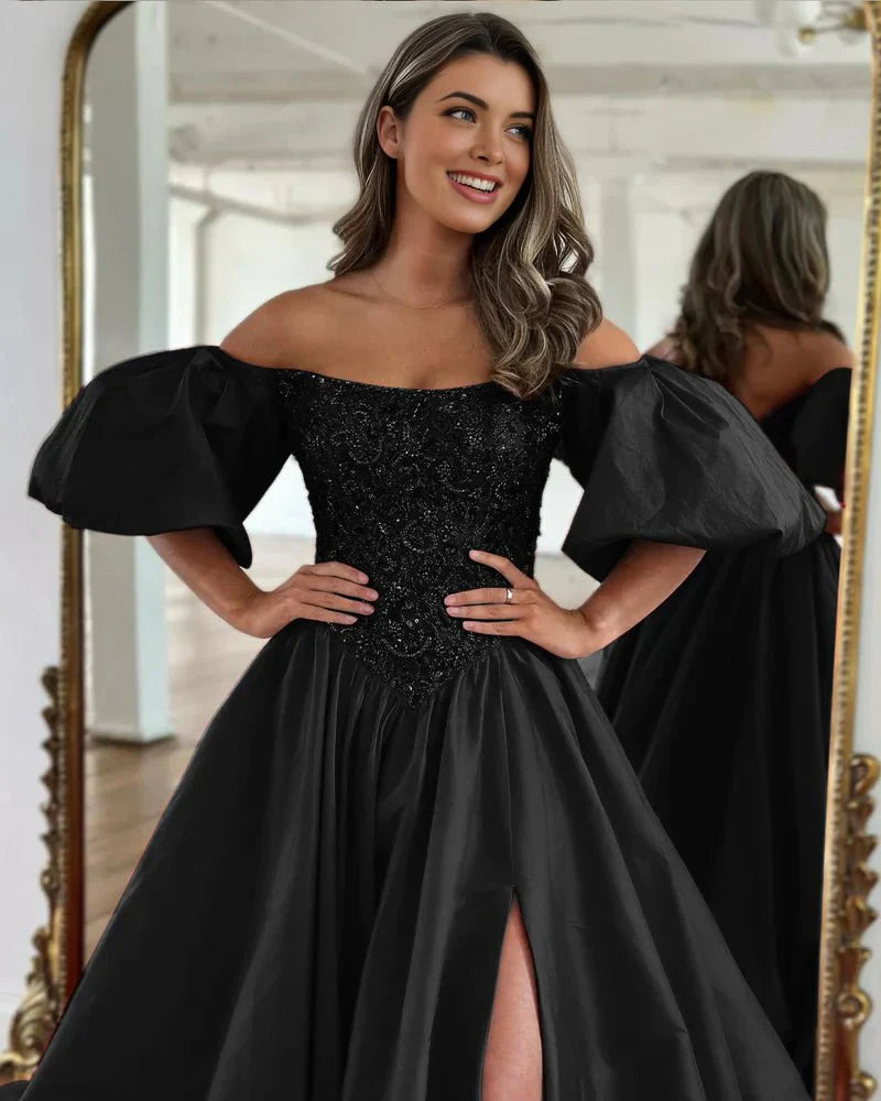 A-Line Off The Shoulder Taffeta Prom Dress With Short Puffy Sleeves
