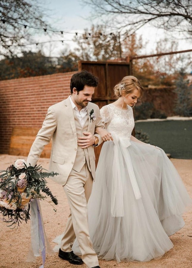 Modest Tulle Lace Short Sleeves Backless  A-Line Bridal Gown with Sash