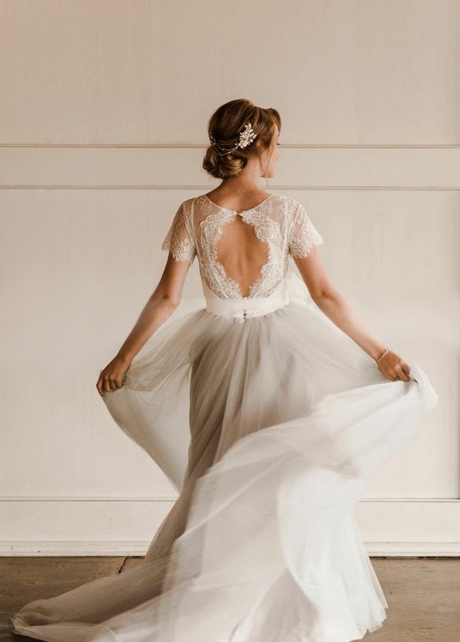Modest Tulle Lace Short Sleeves Backless  A-Line Bridal Gown with Sash