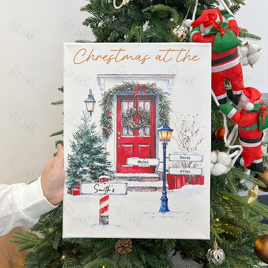Custom Christmas Door Print Family Name Wall Art Winter Watercolor Canvas