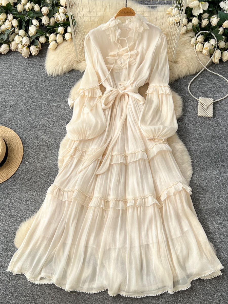 French Vintage Ruffled Pearl Embellished Long Dress