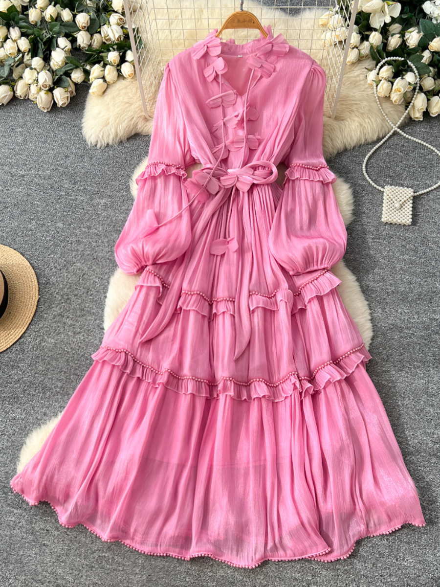 French Vintage Ruffled Pearl Embellished Long Dress