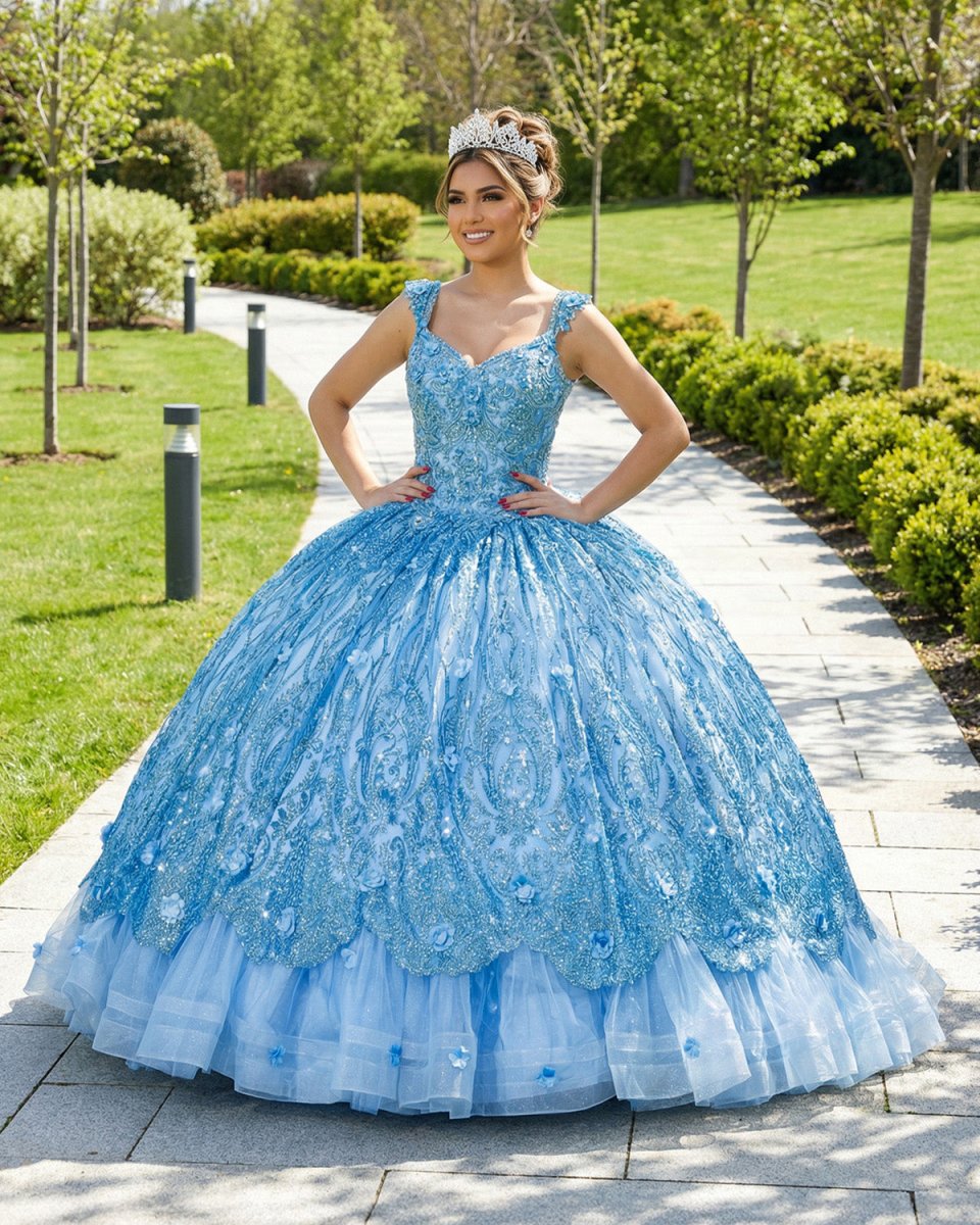 Ball Gown Lace V-Neck Sky Blue Quinceanera Dress