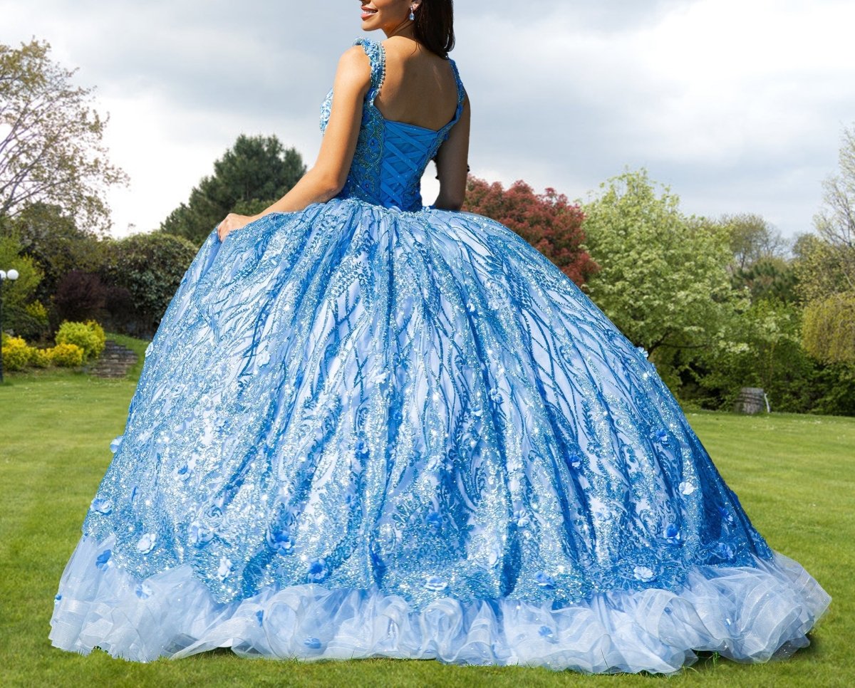 Ball Gown Lace V-Neck Sky Blue Quinceanera Dress