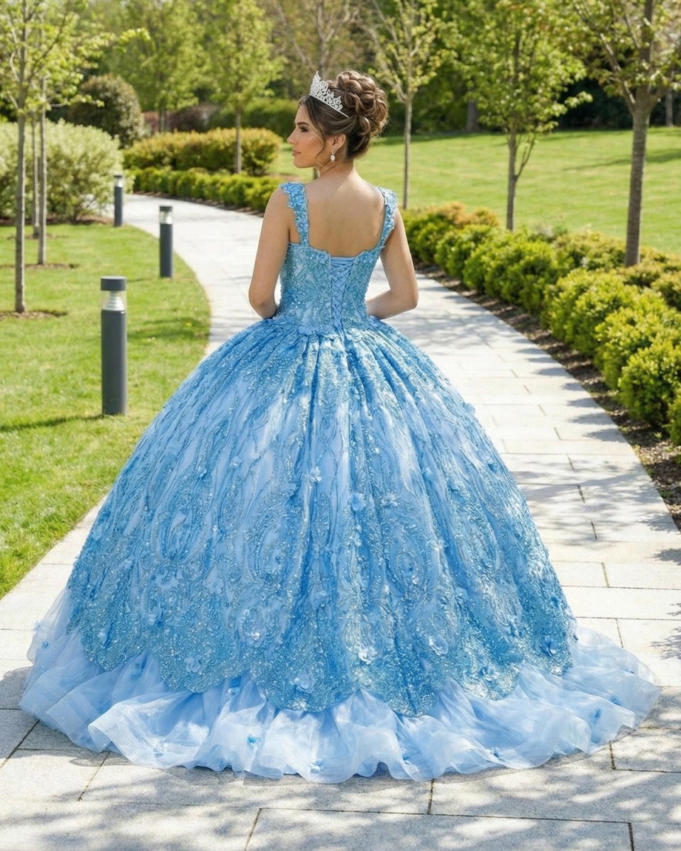 Ball Gown Lace V-Neck Sky Blue Quinceanera Dress