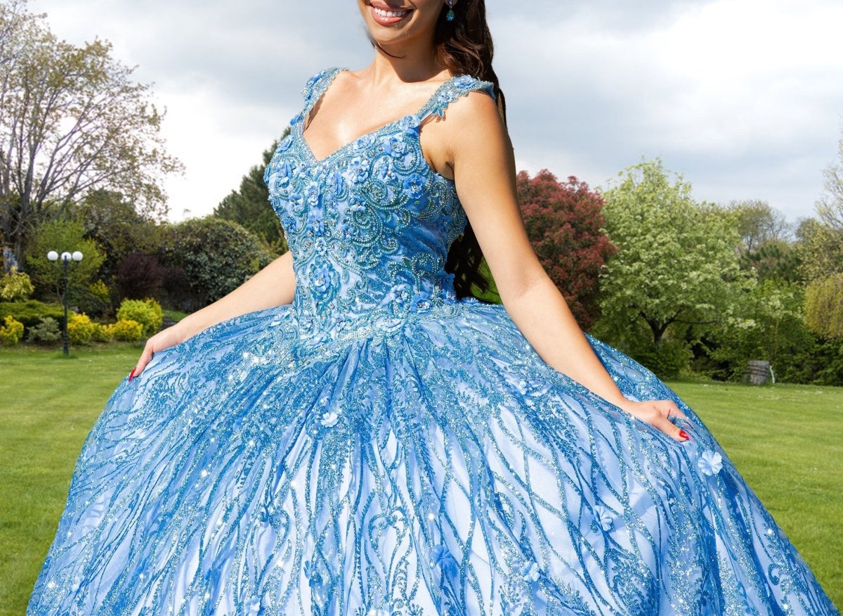 Ball Gown Lace V-Neck Sky Blue Quinceanera Dress