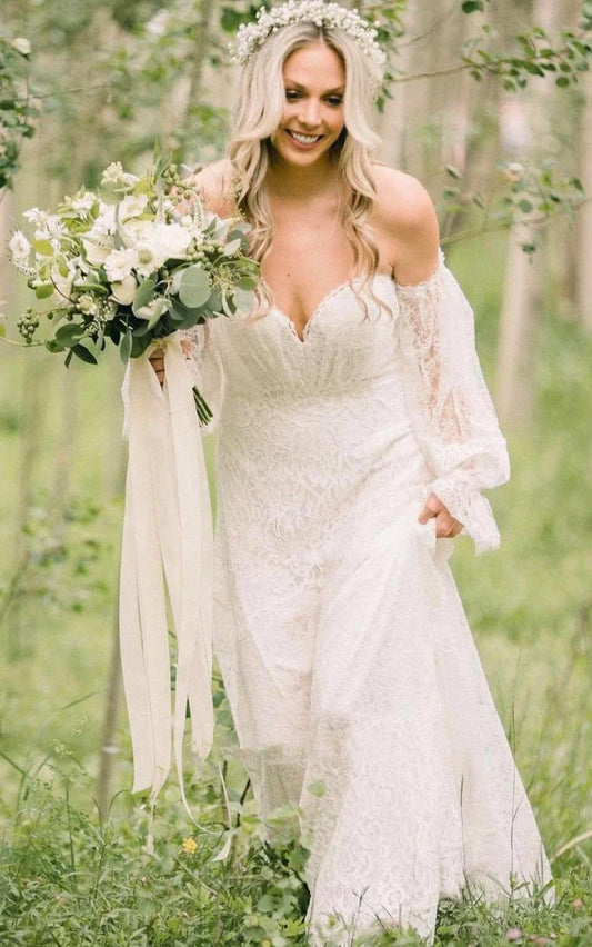 Ethereal Off-the-shoulder A Line Lace Court Train Open Back Wedding Dress with Ruching